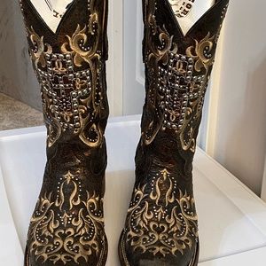 LADIES GOAT SKIN COWBOY BOOTS SIZE 8 1/2 LD BLACK DANES FOIL EMB